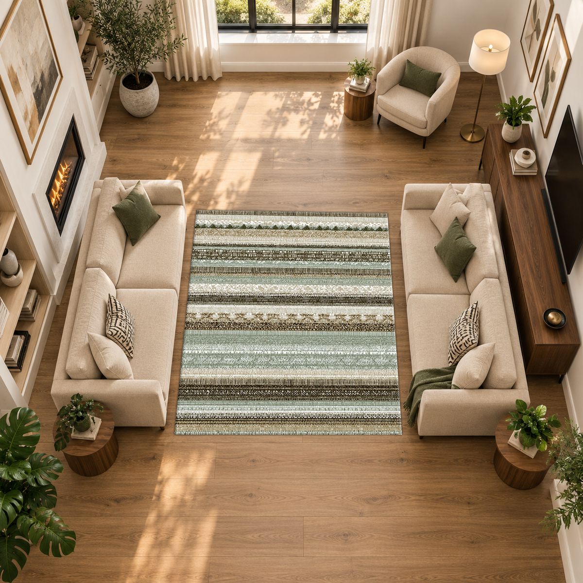 Sage and Cream Striped Woven printed area rug