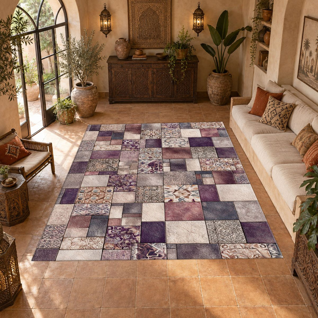 Purple Vintage Tile Patchwork printed area rug