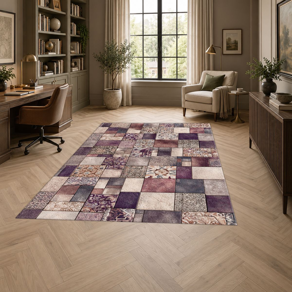 Purple Vintage Tile Patchwork printed area rug