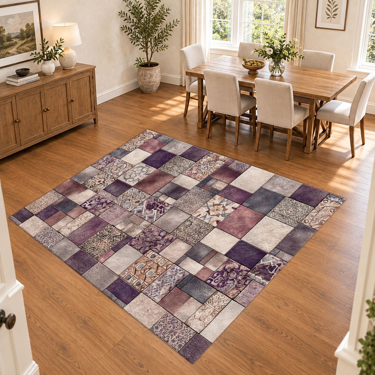 Purple Vintage Tile Patchwork printed area rug