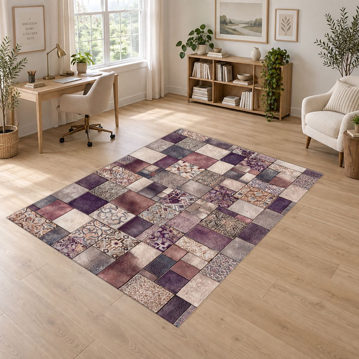 Purple Vintage Tile Patchwork printed area rug
