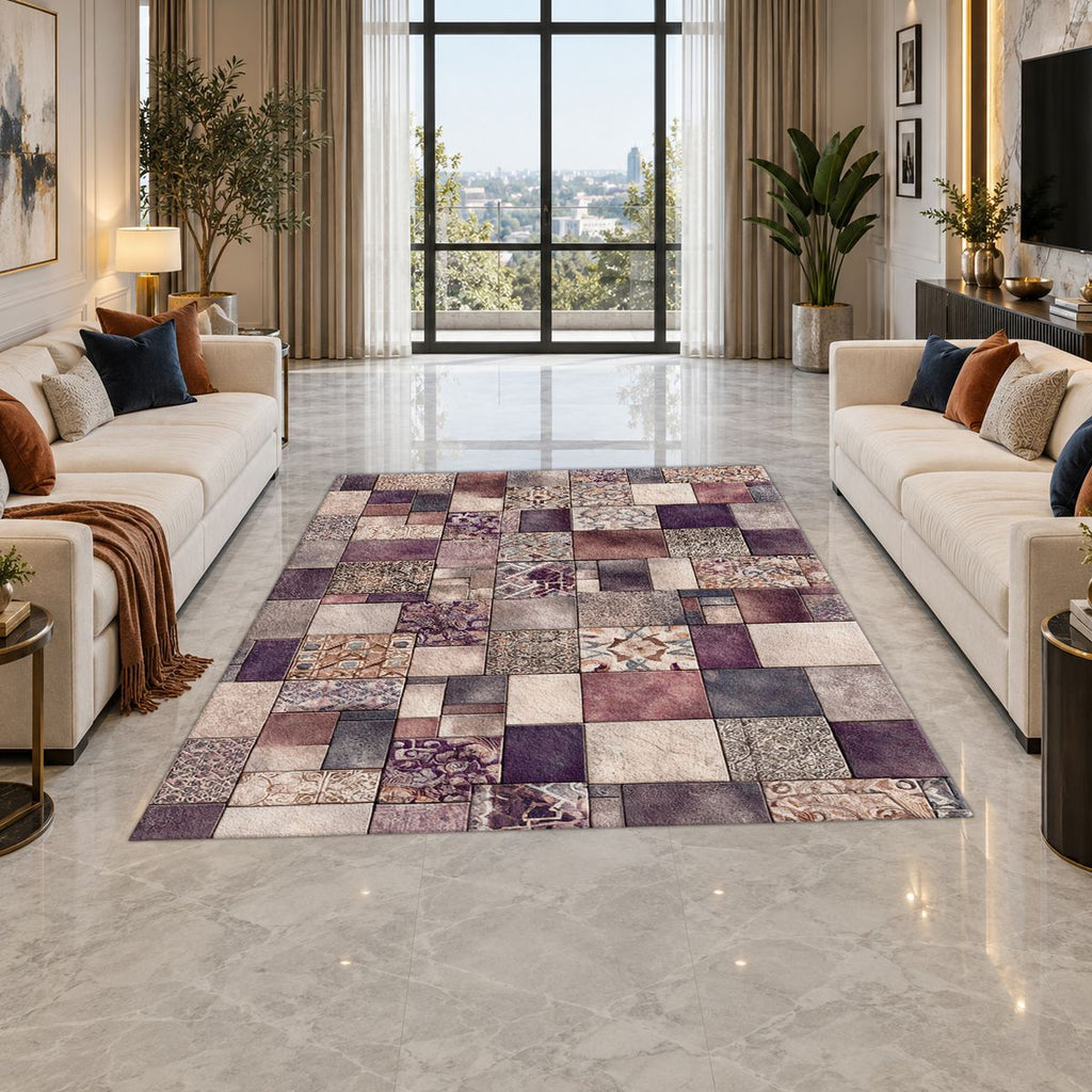 Purple Vintage Tile Patchwork printed area rug