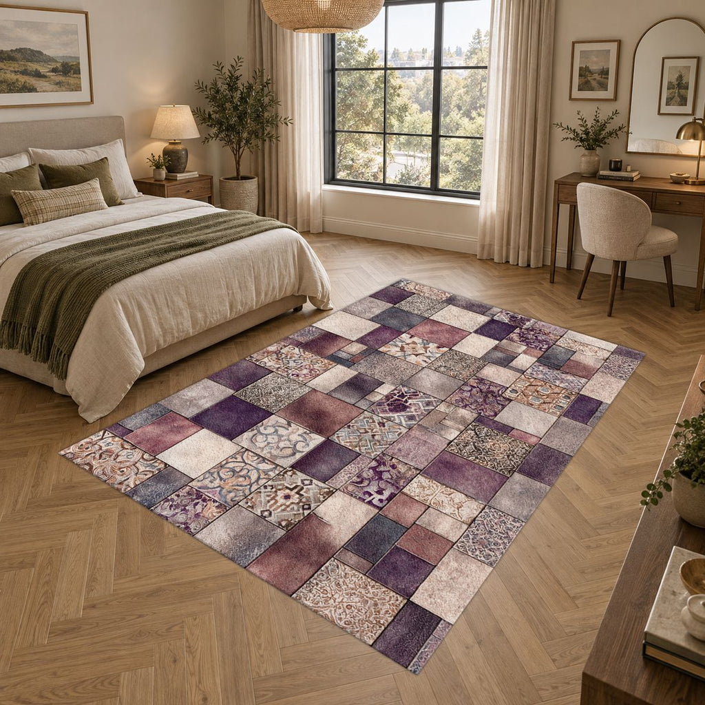 Purple Vintage Tile Patchwork printed area rug