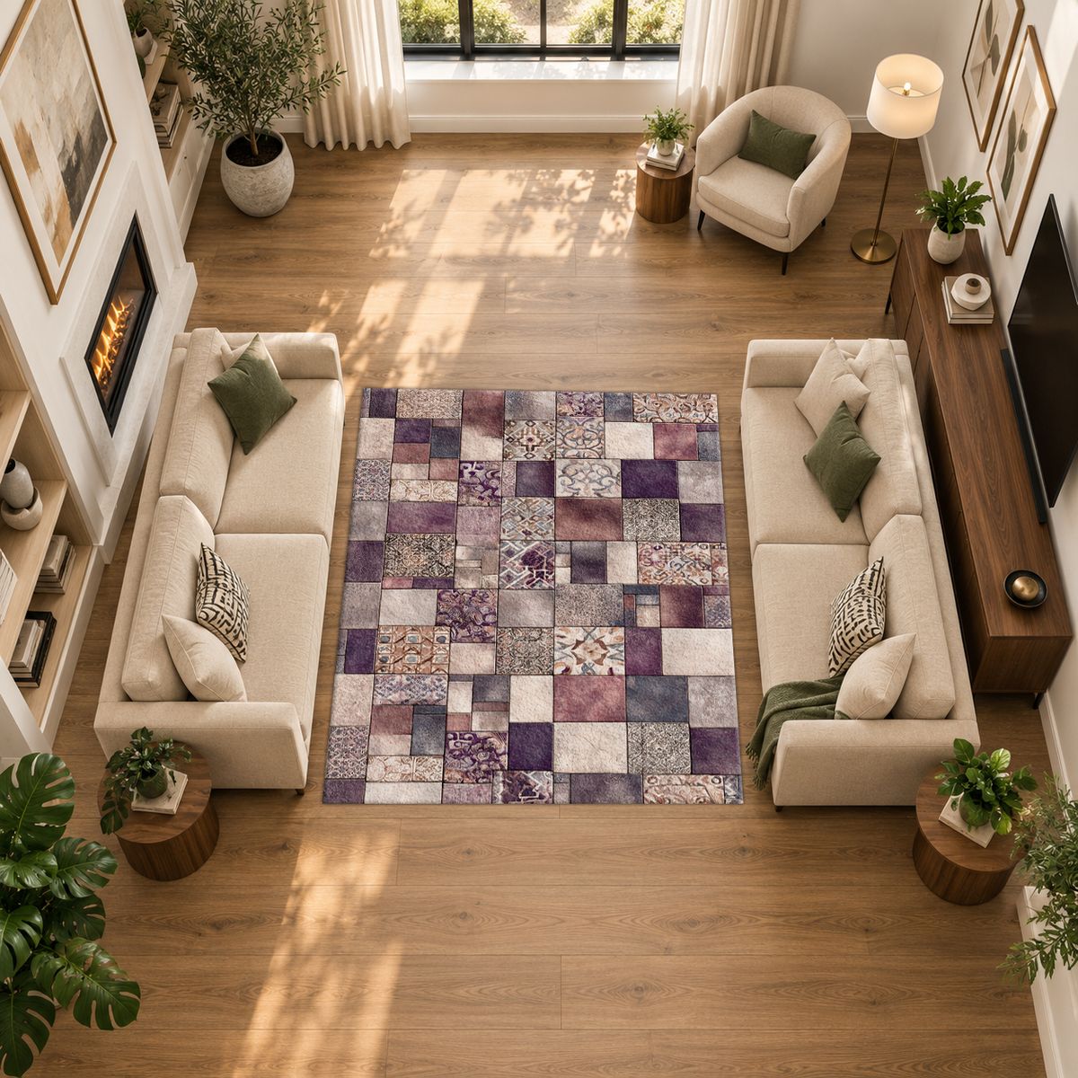 Purple Vintage Tile Patchwork printed area rug