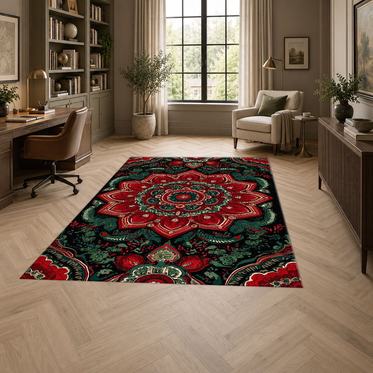 Red and Emerald Ornate Mandala printed area rug