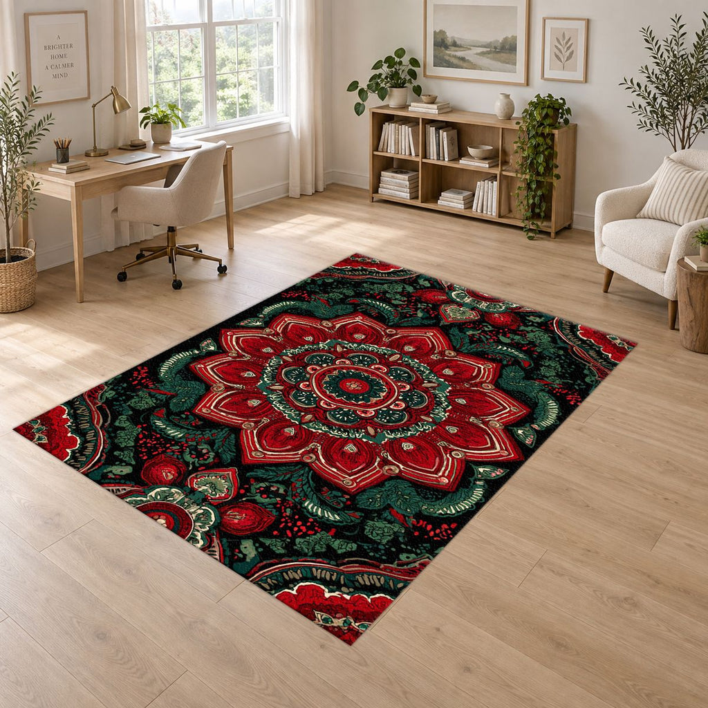 Red and Emerald Ornate Mandala printed area rug