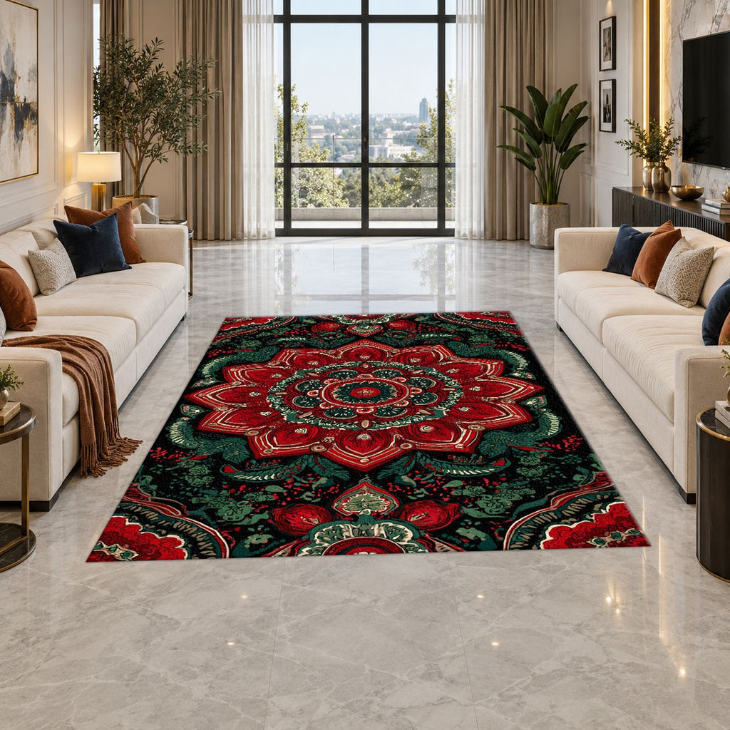Red and Emerald Ornate Mandala printed area rug