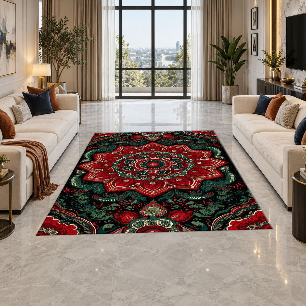 Red and Emerald Ornate Mandala printed area rug