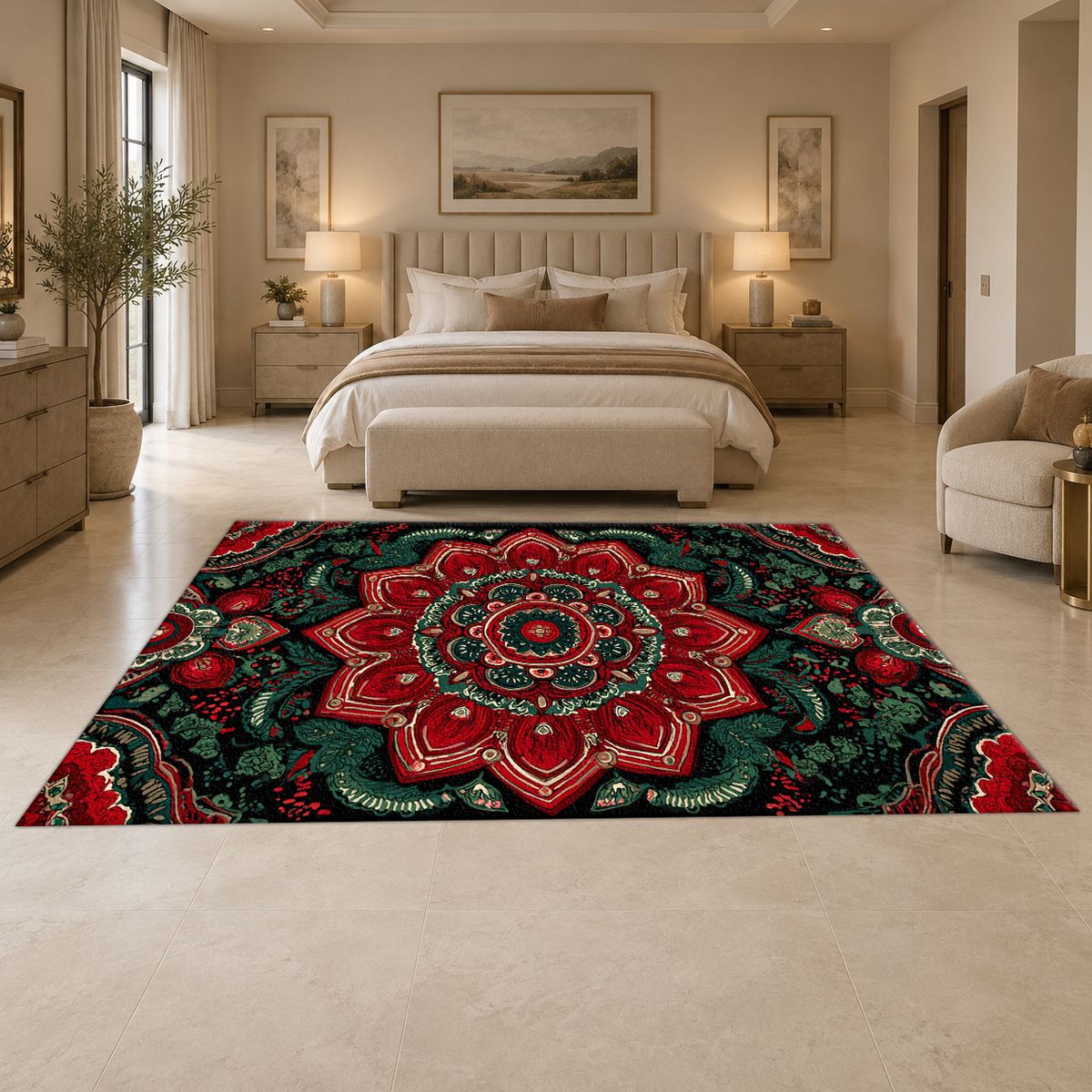 Red and Emerald Ornate Mandala printed area rug
