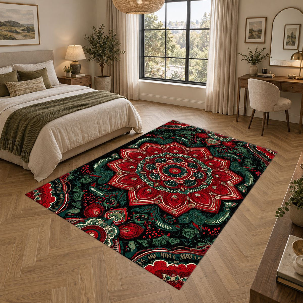 Red and Emerald Ornate Mandala printed area rug