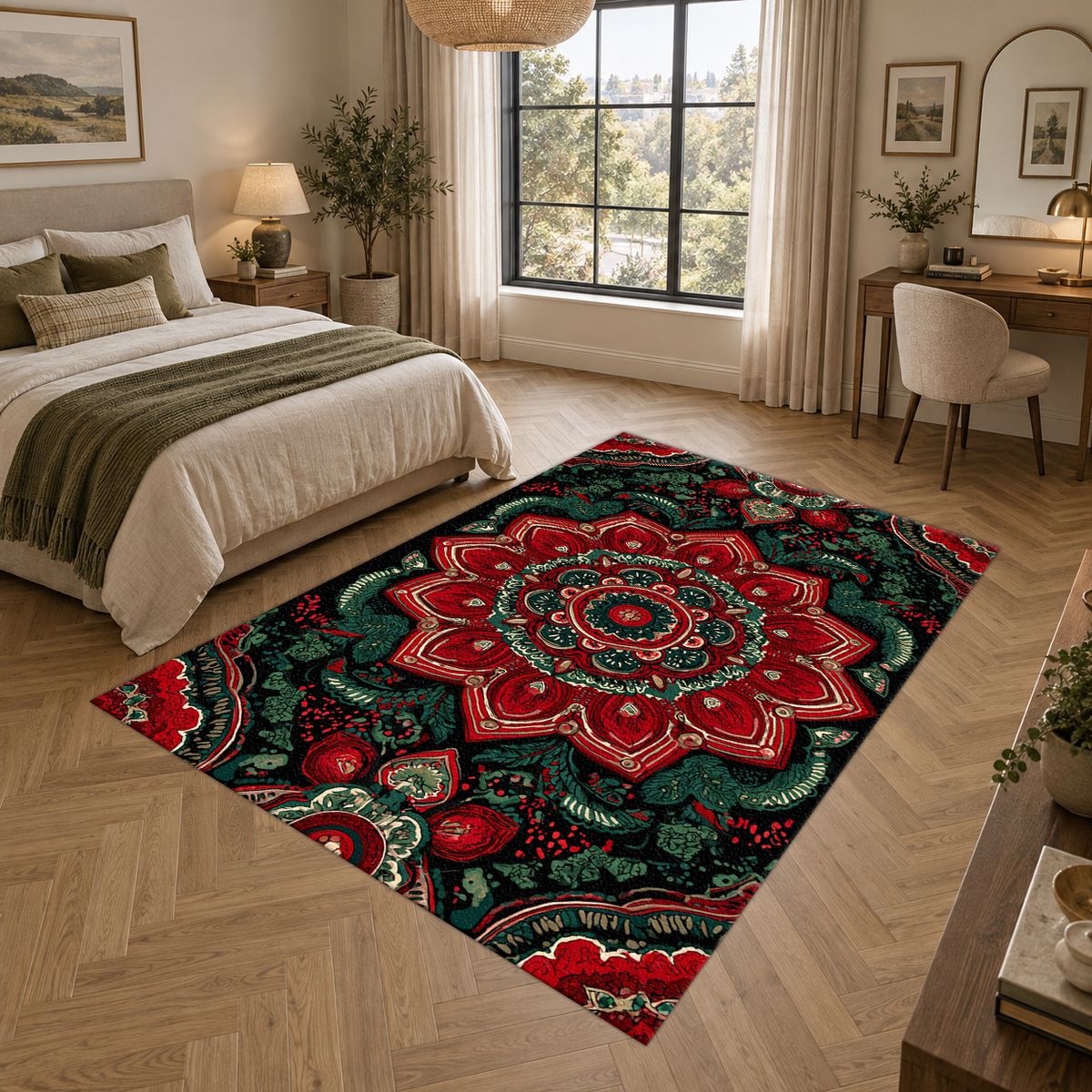 Red and Emerald Ornate Mandala printed area rug