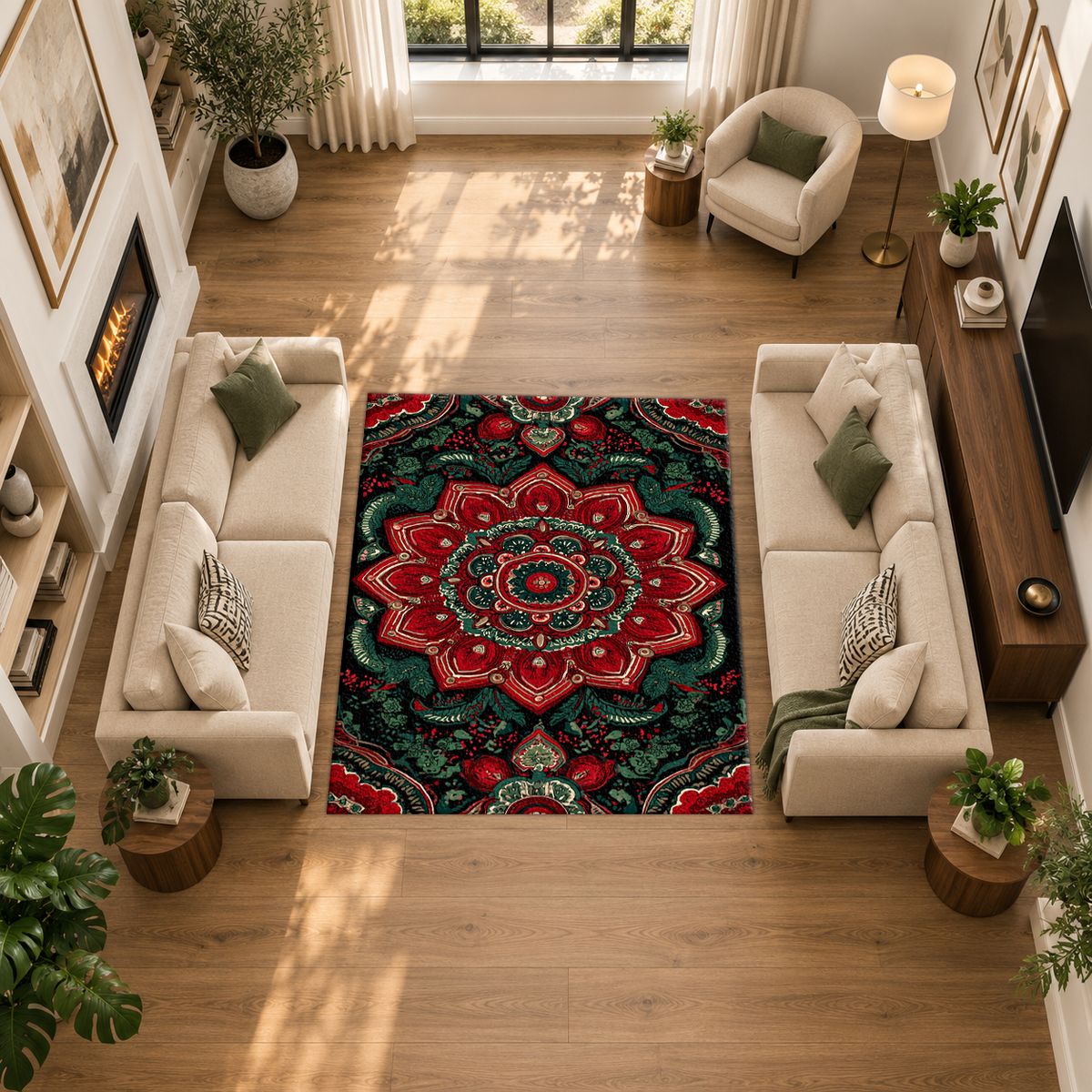 Red and Emerald Ornate Mandala printed area rug