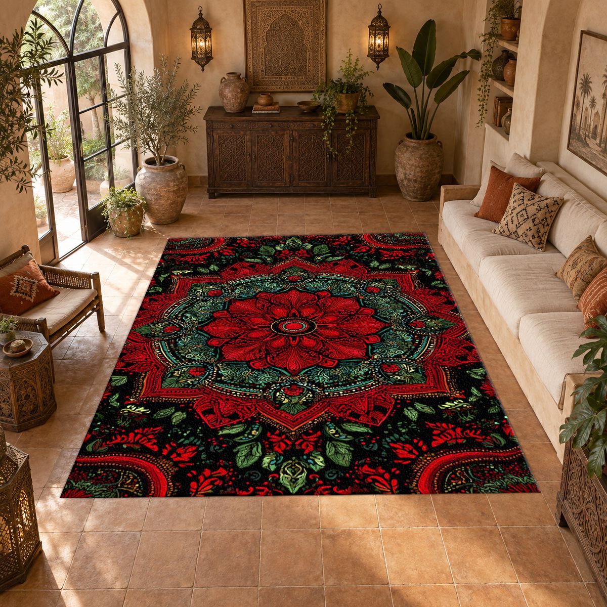 Crimson and Green Floral Medallion printed area rug