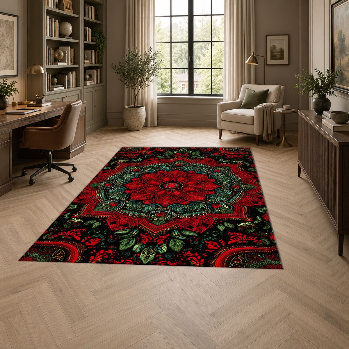 Crimson and Green Floral Medallion printed area rug