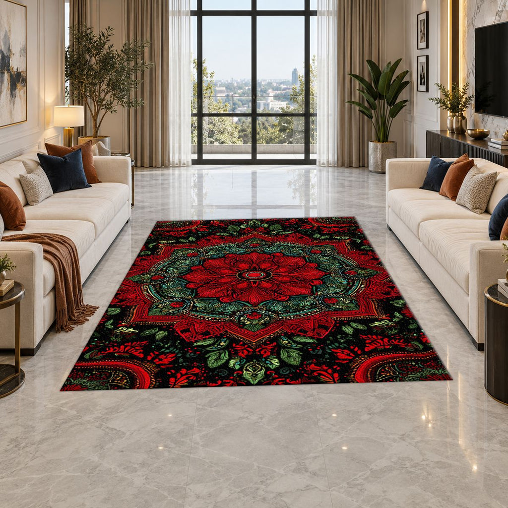 Crimson and Green Floral Medallion printed area rug