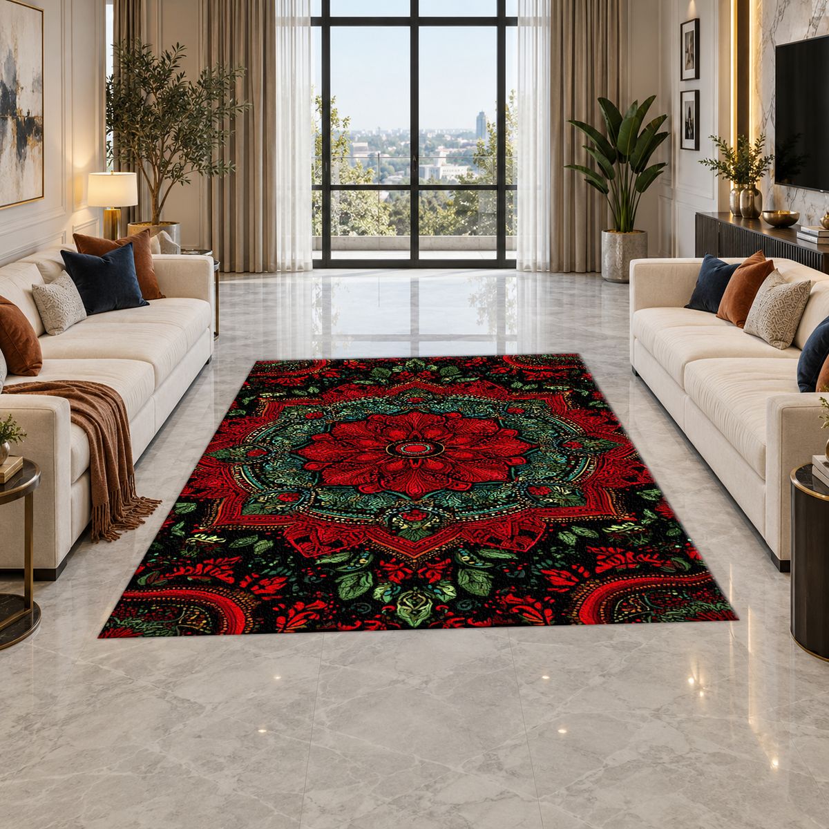 Crimson and Green Floral Medallion printed area rug