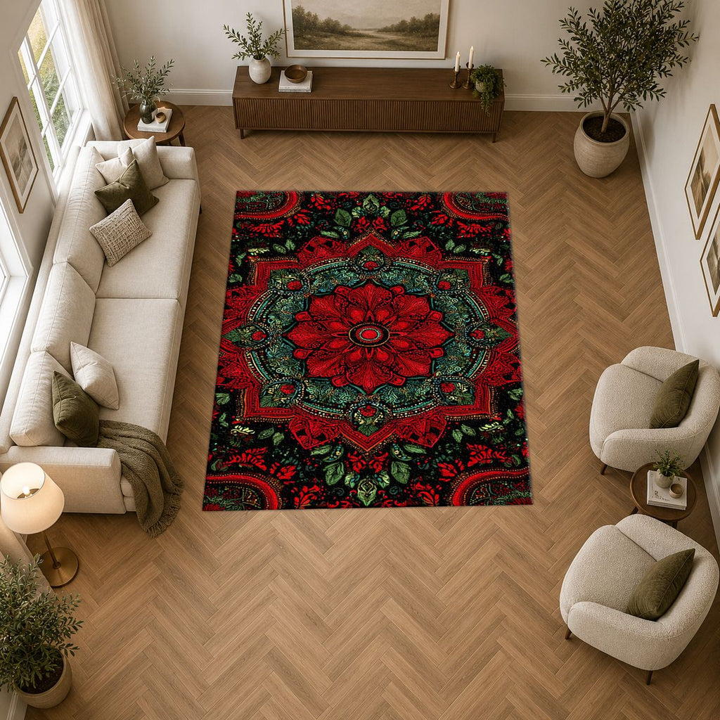 Crimson and Green Floral Medallion printed area rug