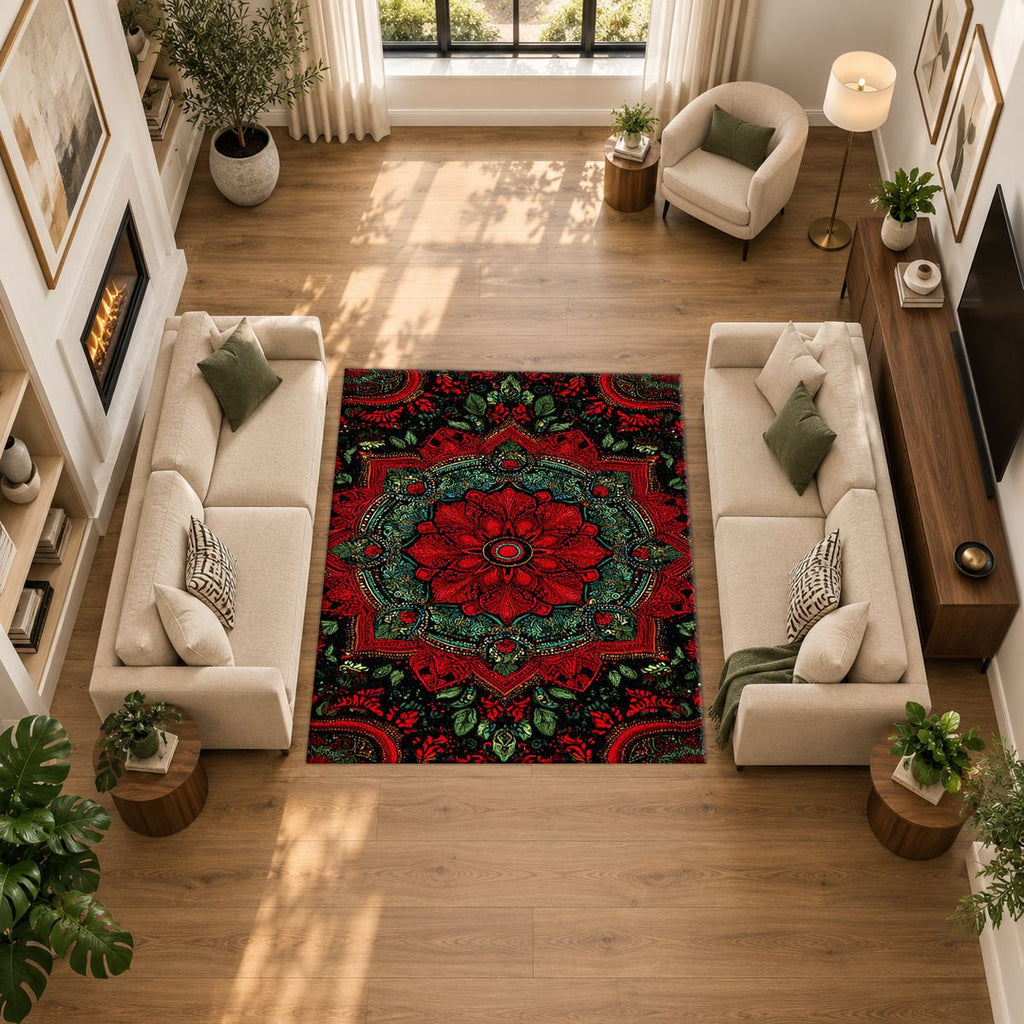 Crimson and Green Floral Medallion printed area rug