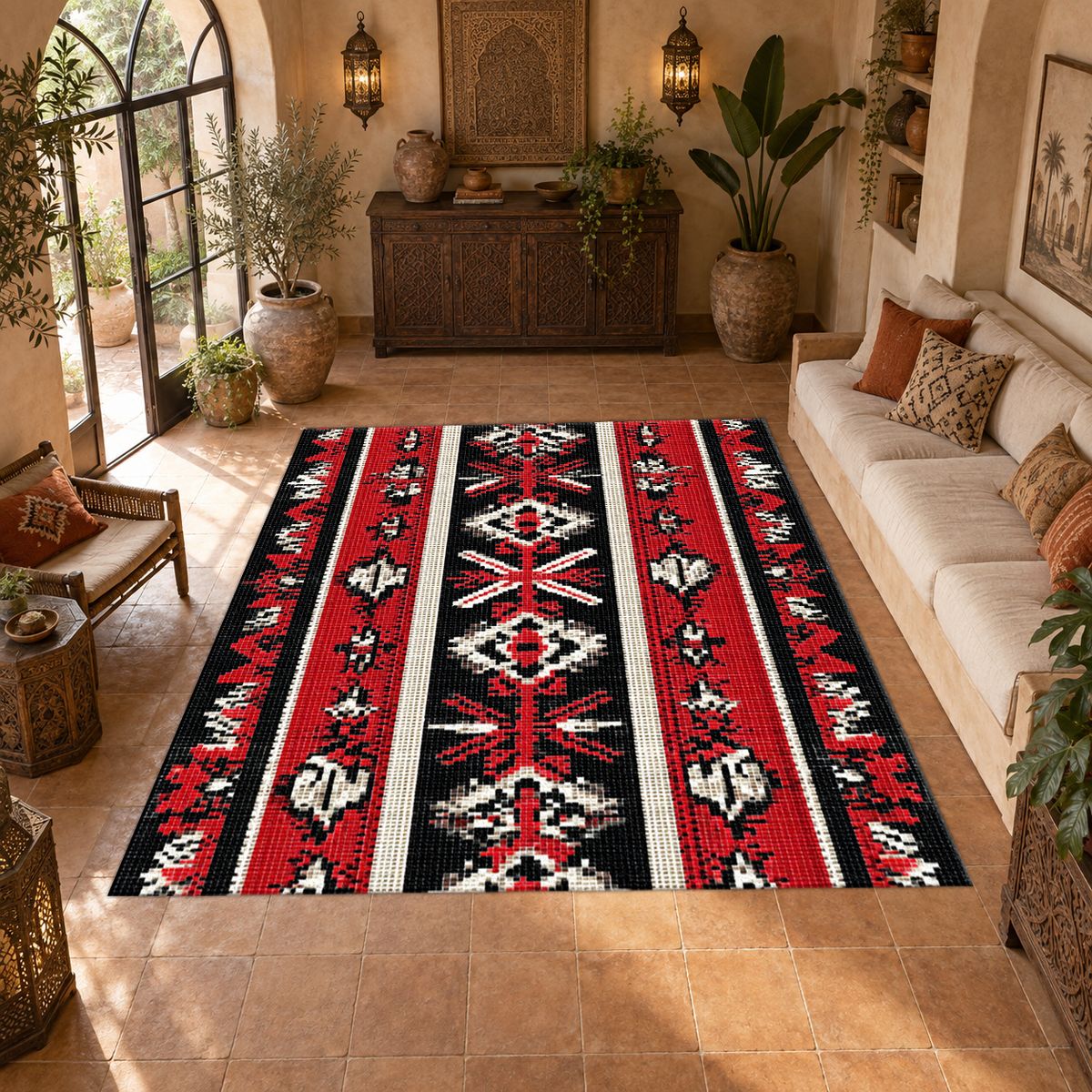 Red and Black Folk Striped Kilim printed area rug
