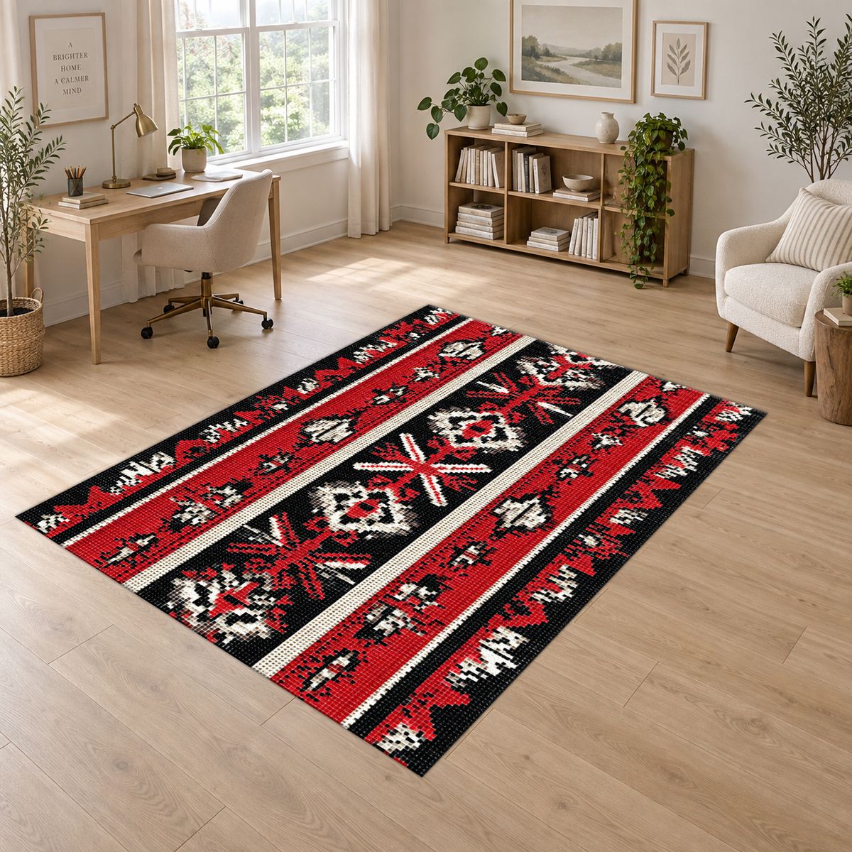 Red and Black Folk Striped Kilim printed area rug