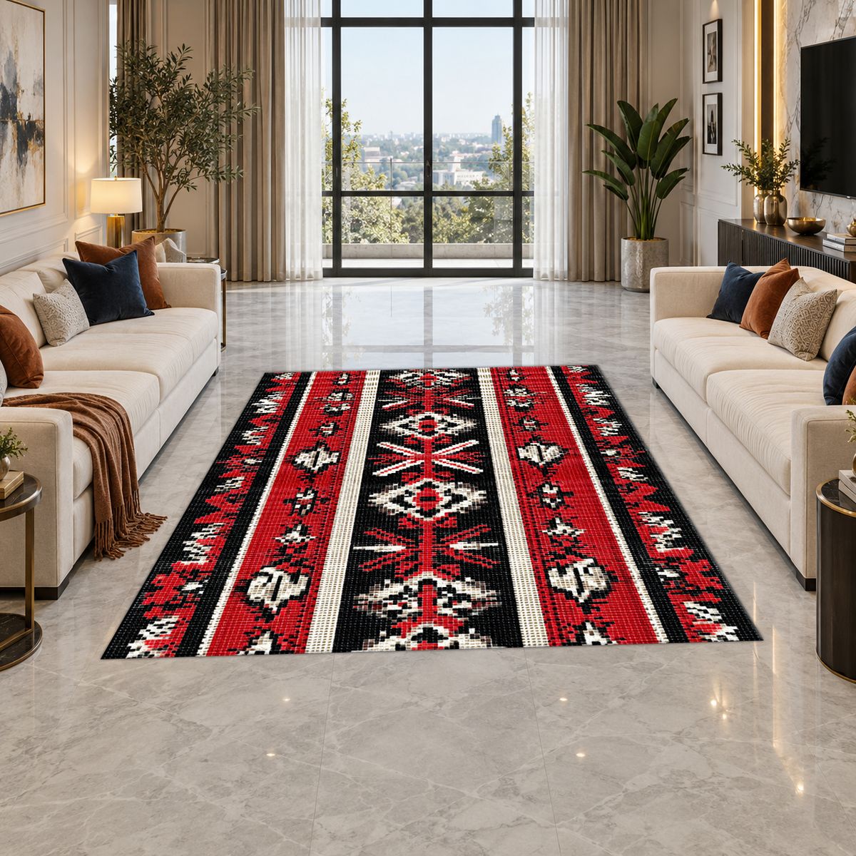 Red and Black Folk Striped Kilim printed area rug