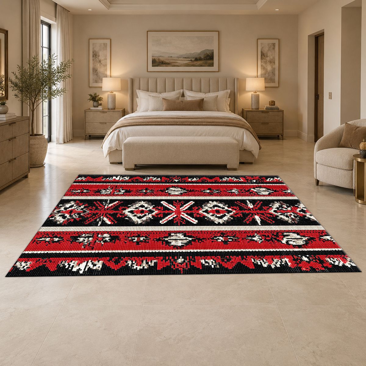 Red and Black Folk Striped Kilim printed area rug