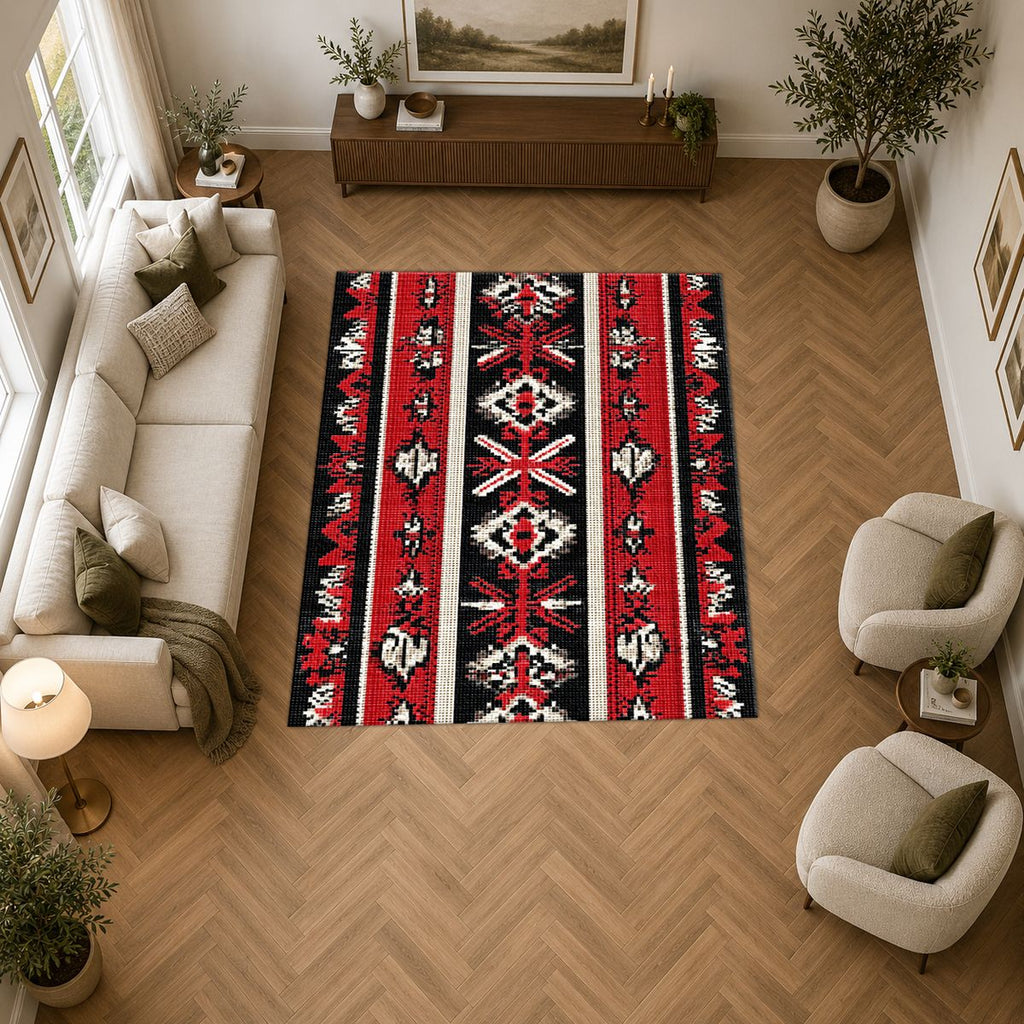 Red and Black Folk Striped Kilim printed area rug