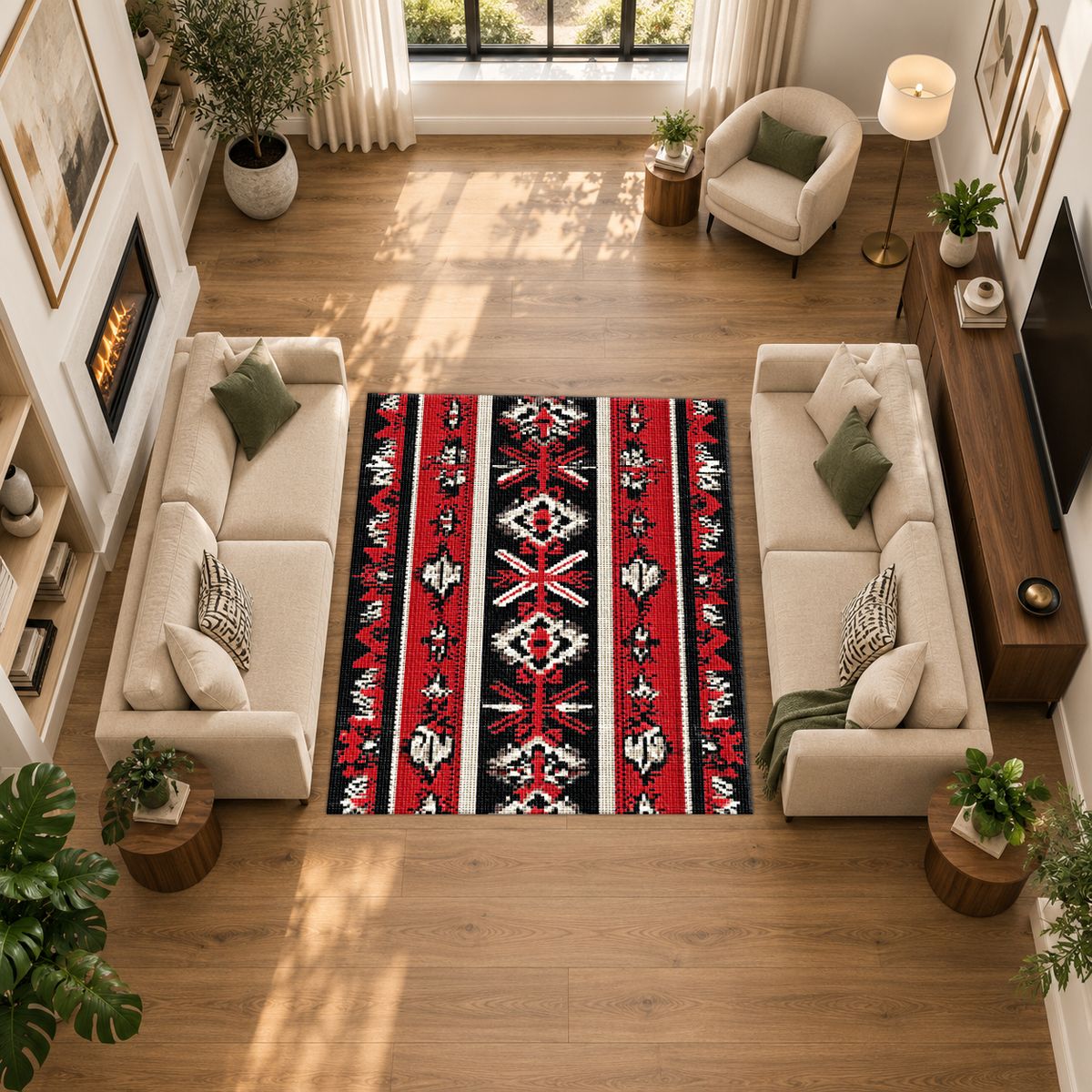 Red and Black Folk Striped Kilim printed area rug