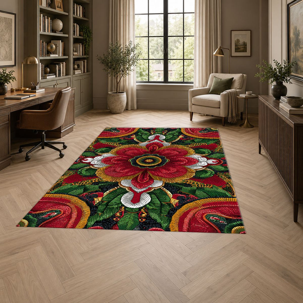 Red Folk Art Flower on Green printed area rug