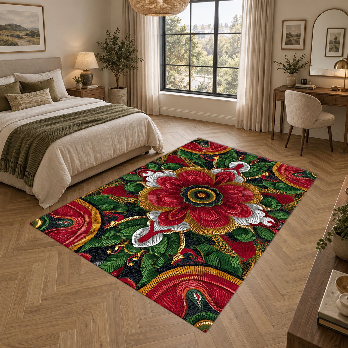 Red Folk Art Flower on Green printed area rug