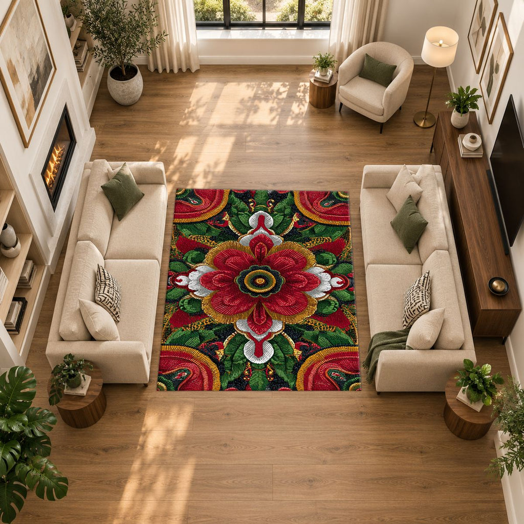 Red Folk Art Flower on Green printed area rug