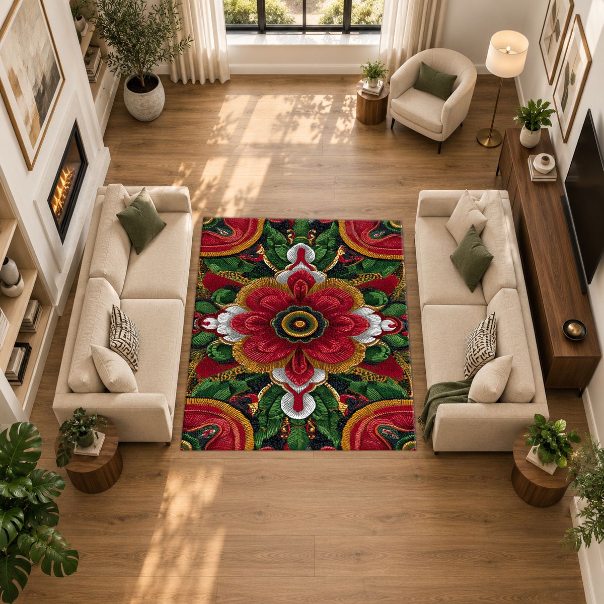 Red Folk Art Flower on Green printed area rug