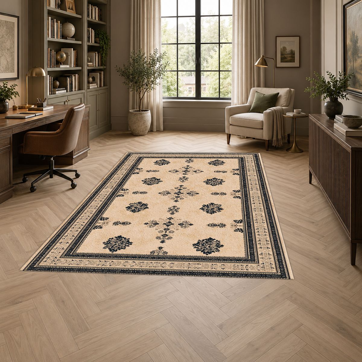Cream Minimalist Bordered Classic printed area rug