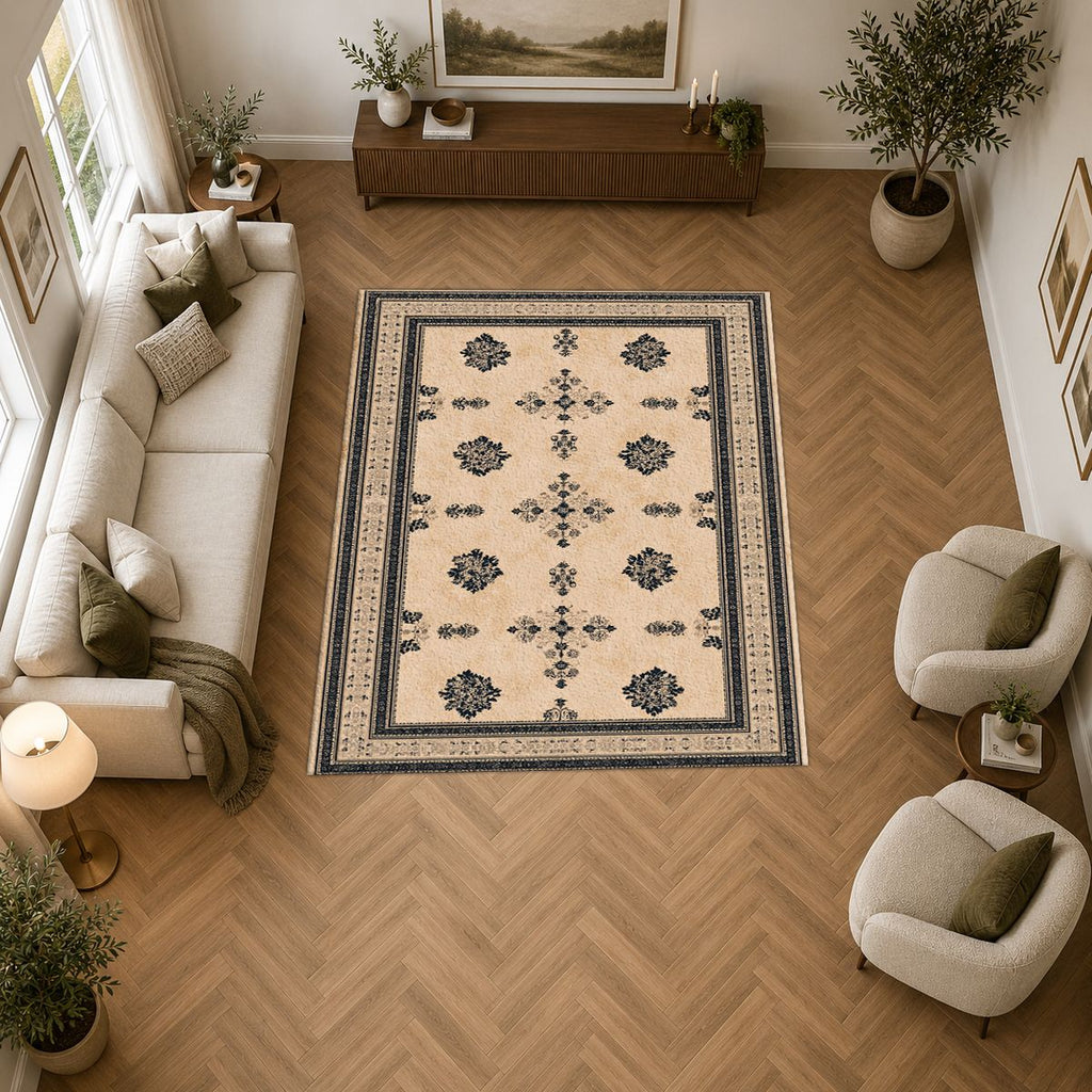 Cream Minimalist Bordered Classic printed area rug