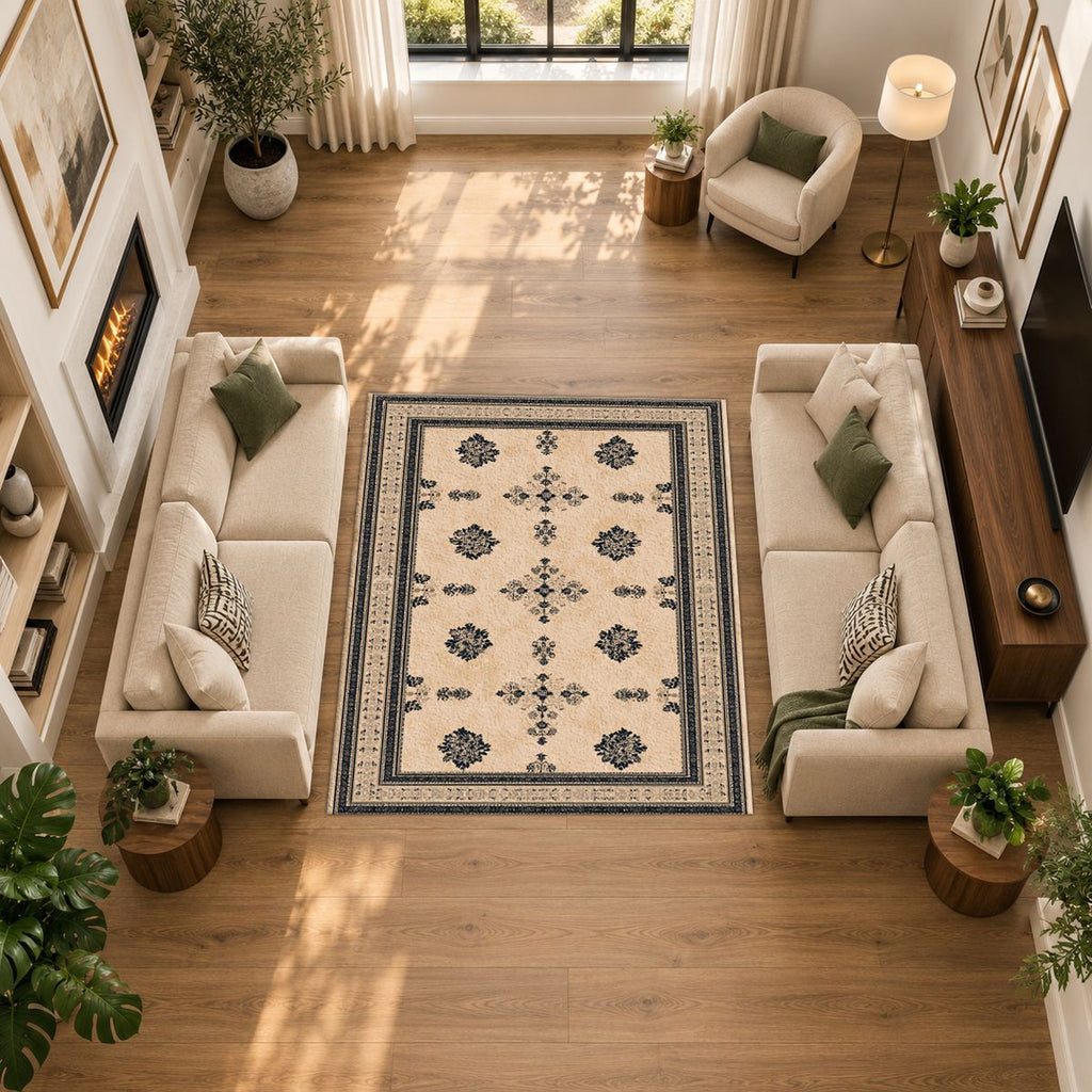 Cream Minimalist Bordered Classic printed area rug