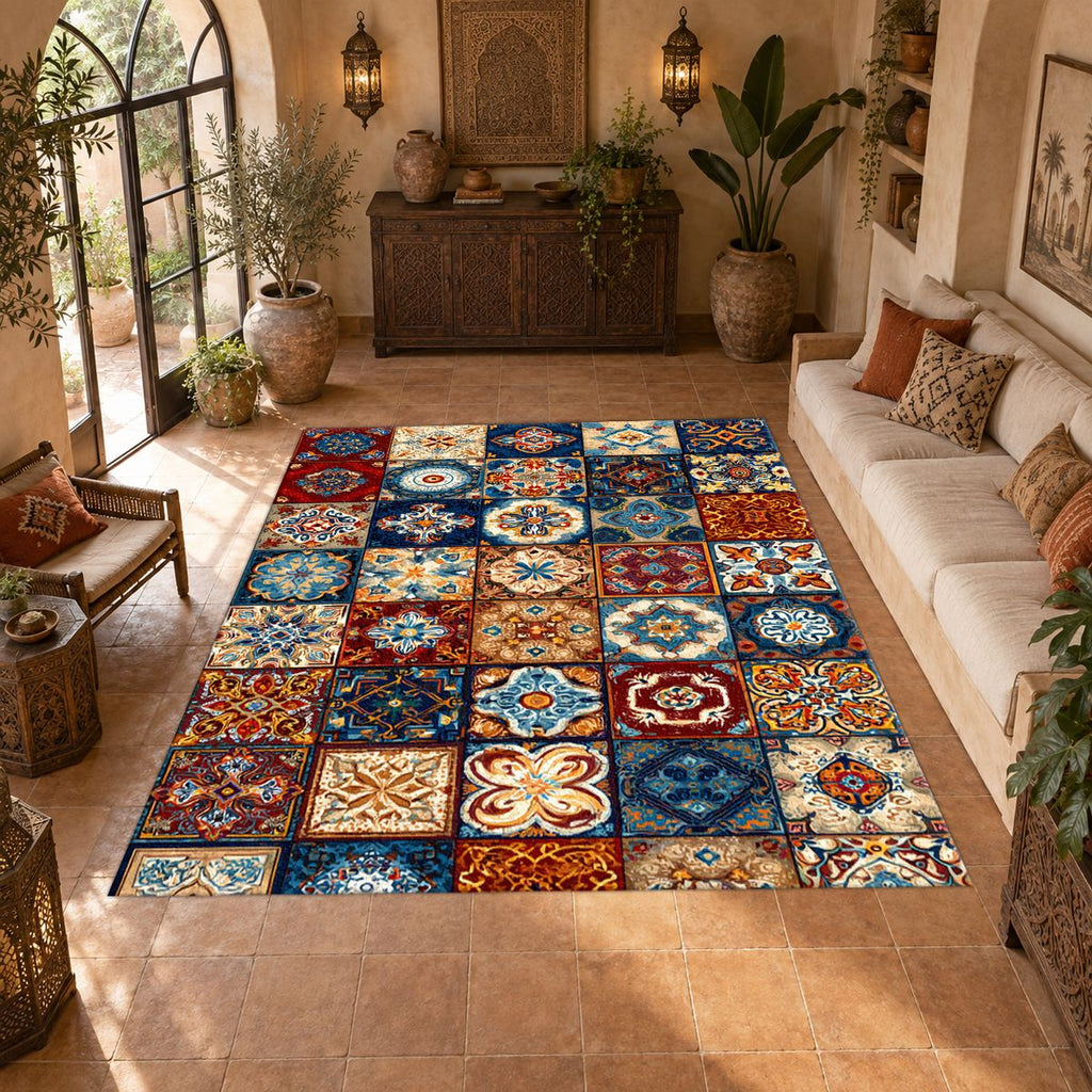Colorful Moroccan Tile Patchwork printed area rug
