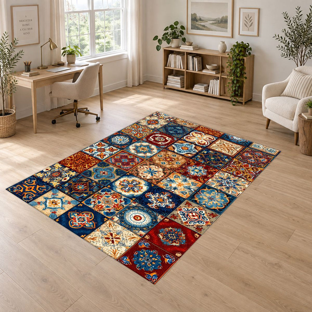 Colorful Moroccan Tile Patchwork printed area rug