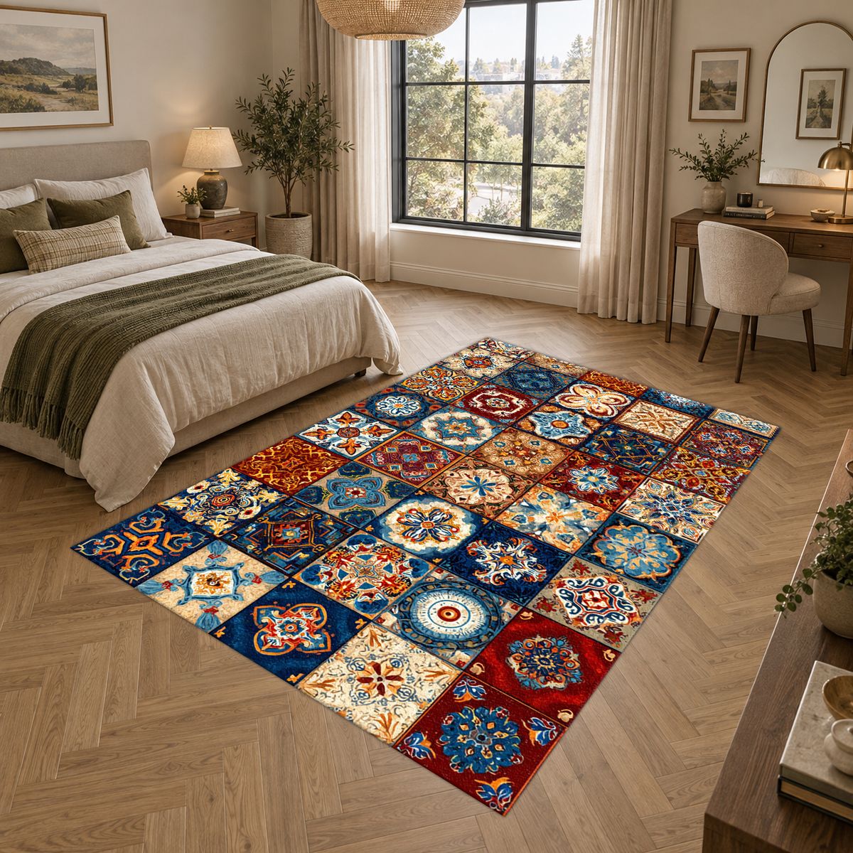 Colorful Moroccan Tile Patchwork printed area rug