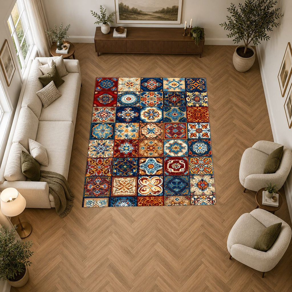 Colorful Moroccan Tile Patchwork printed area rug
