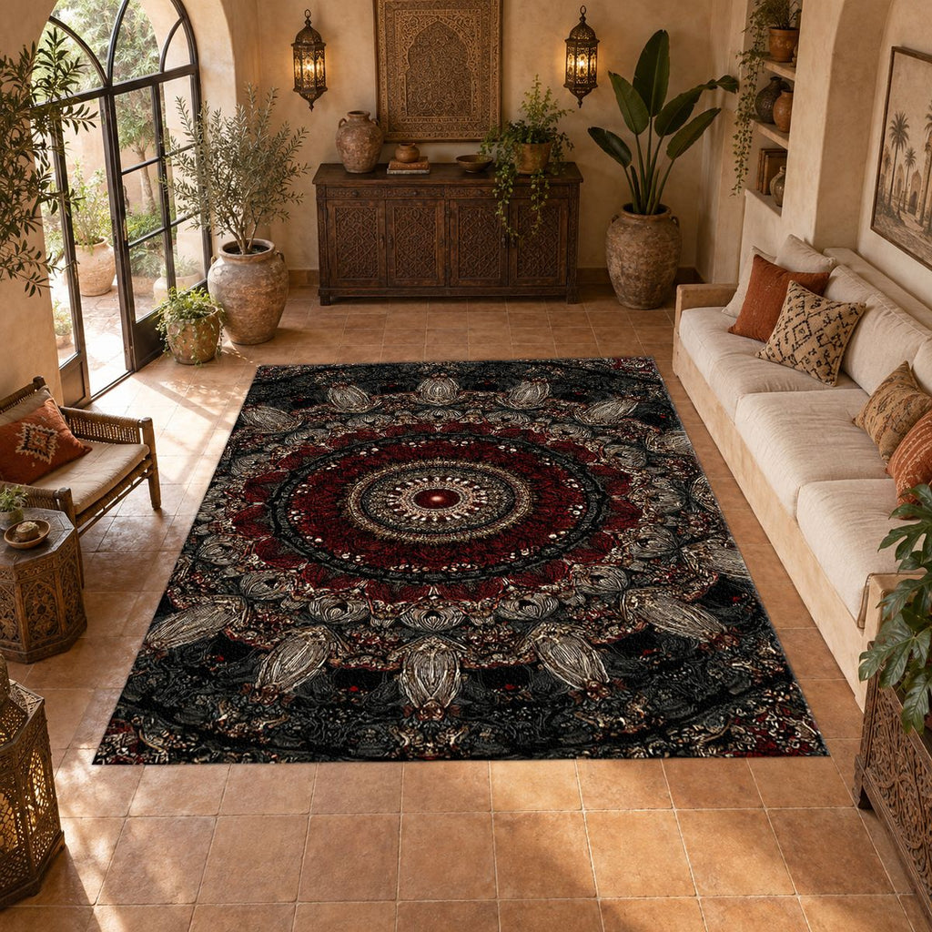 Black and Burgundy Paisley Mandala printed area rug