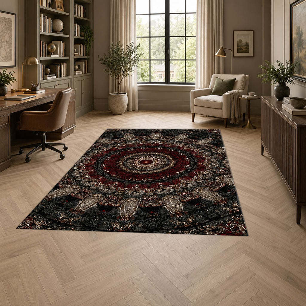 Black and Burgundy Paisley Mandala printed area rug