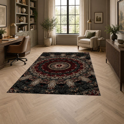 Black and Burgundy Paisley Mandala printed area rug