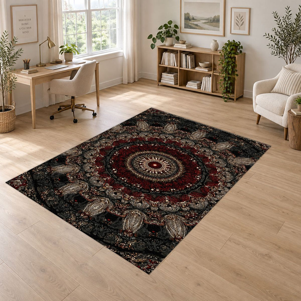 Black and Burgundy Paisley Mandala printed area rug