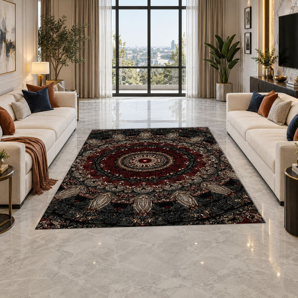 Black and Burgundy Paisley Mandala printed area rug
