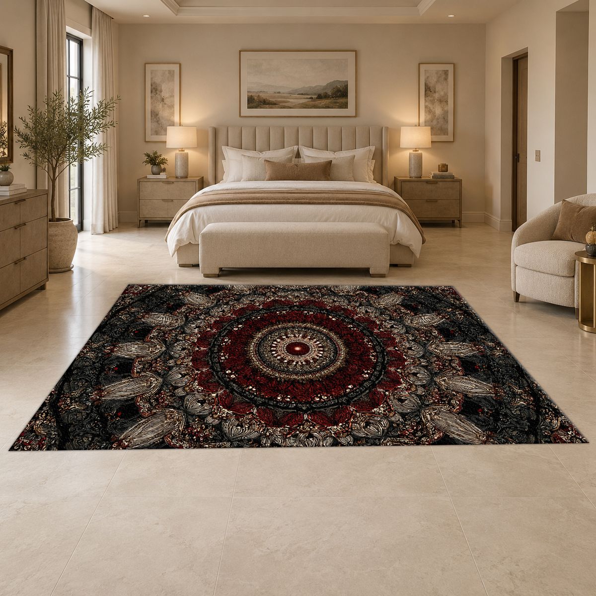 Black and Burgundy Paisley Mandala printed area rug