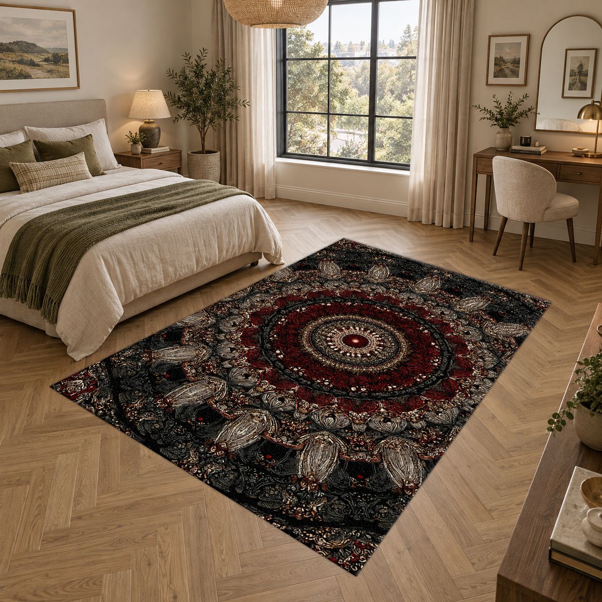 Black and Burgundy Paisley Mandala printed area rug