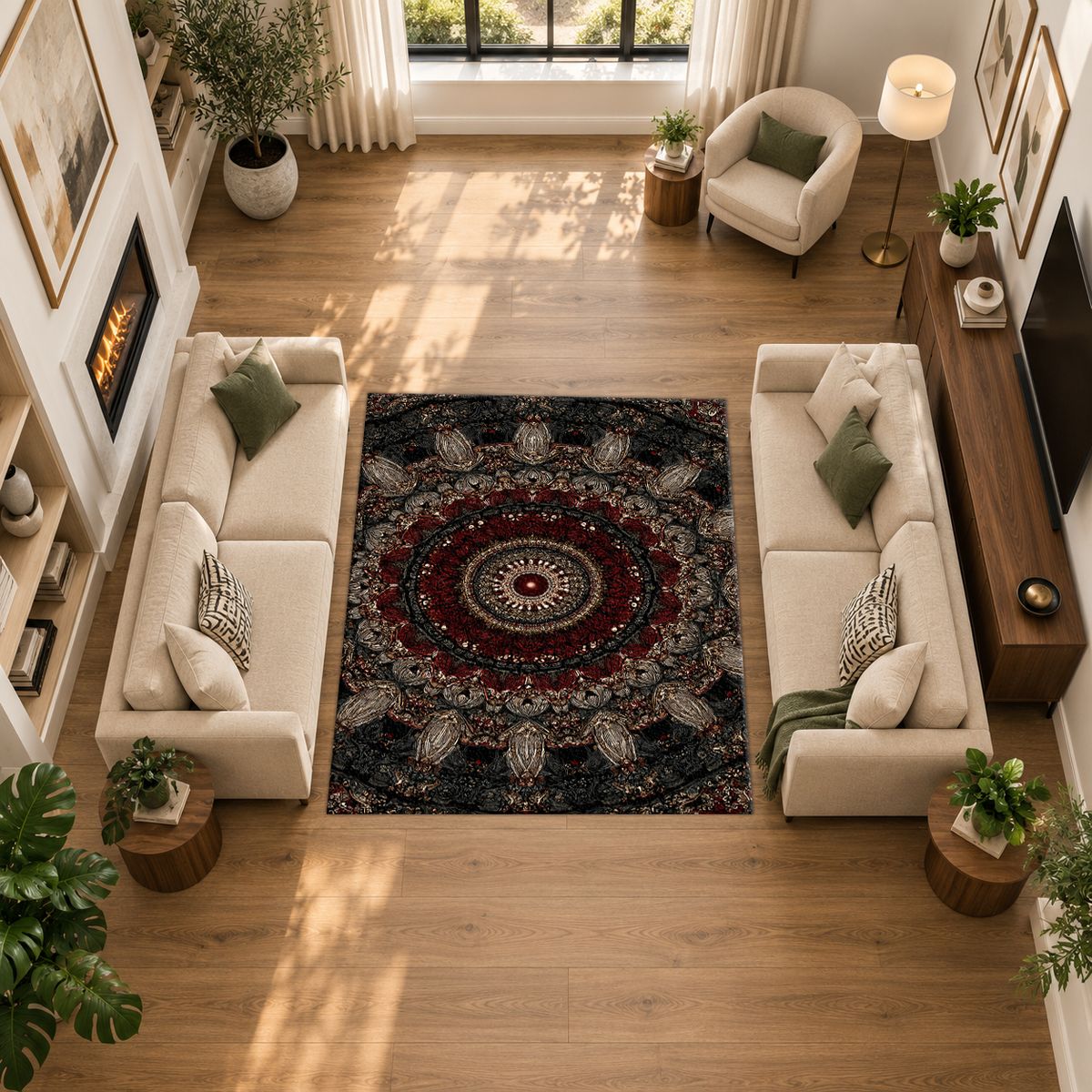 Black and Burgundy Paisley Mandala printed area rug
