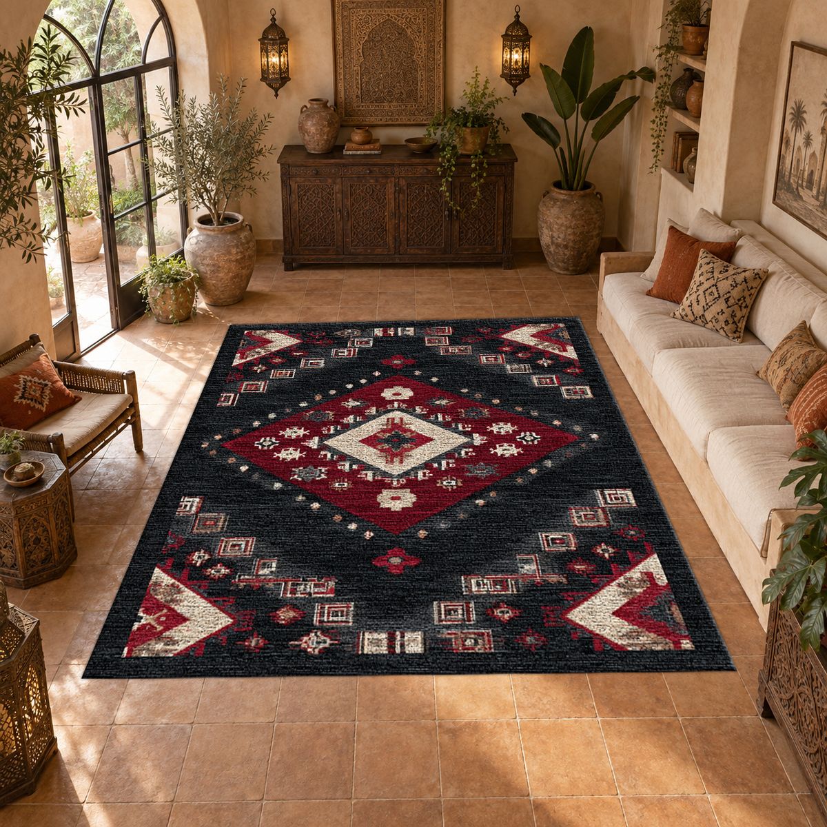Black and Red Geometric Diamond Kilim printed area rug