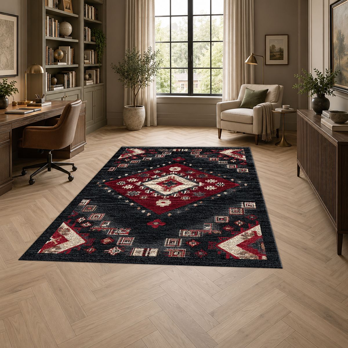 Black and Red Geometric Diamond Kilim printed area rug