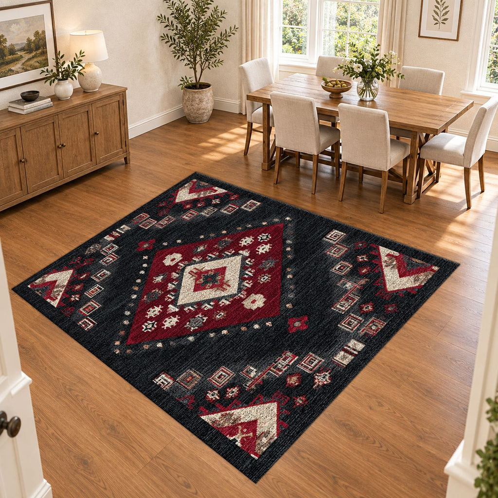 Black and Red Geometric Diamond Kilim printed area rug